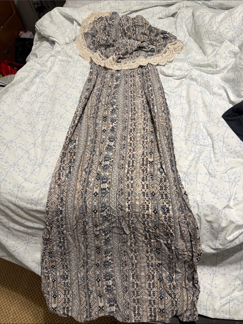 Forever 21 Neutral Floral Strapless Maxi Dress with Crochet Trim